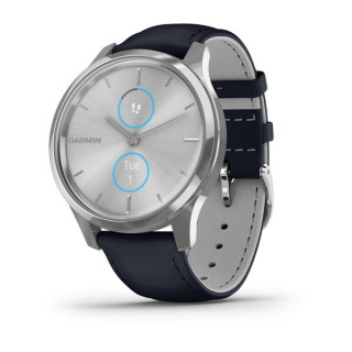 Умные часы серебристые с итальянским кожаным темно-синим ремешком Garmin Vivomove Luxe